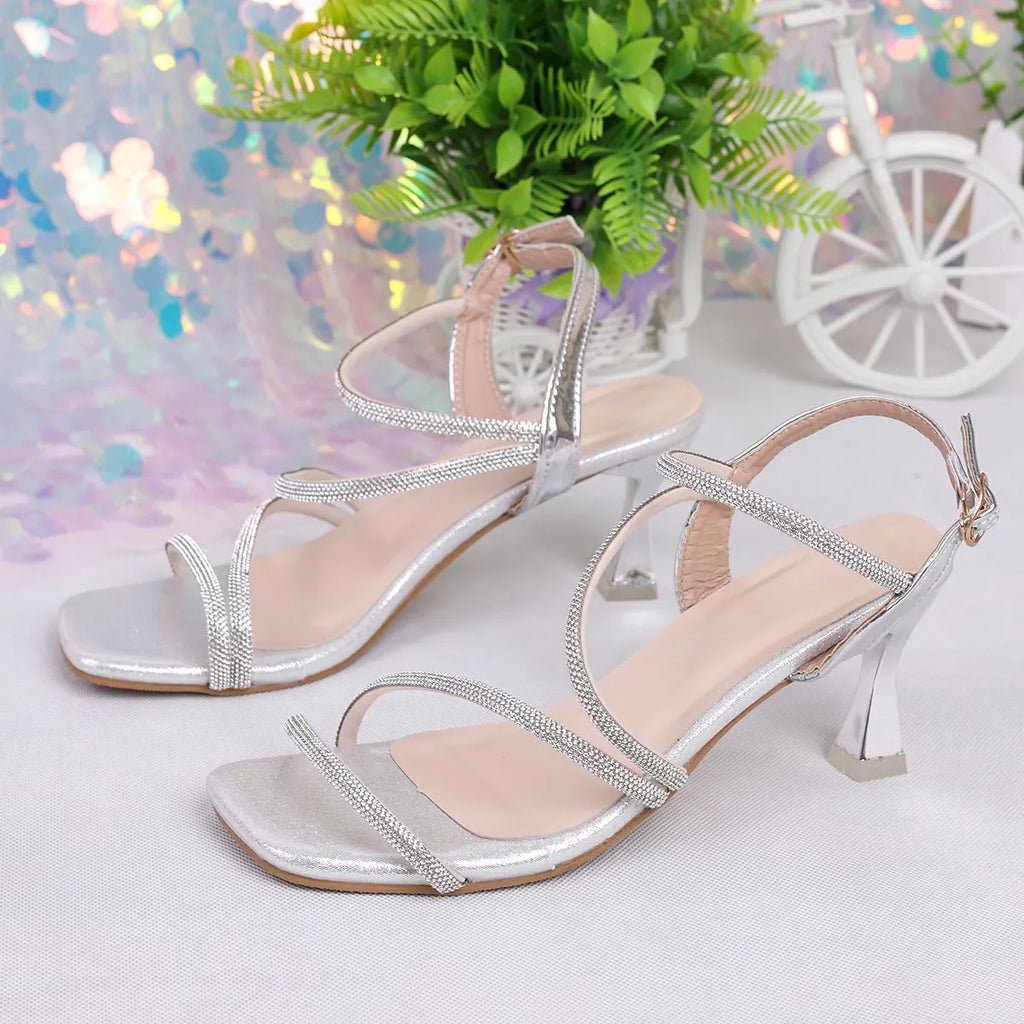 Women’s Rhinestone Strappy High Heel Sandals – Glamorous Chain Ankle Strap Heels