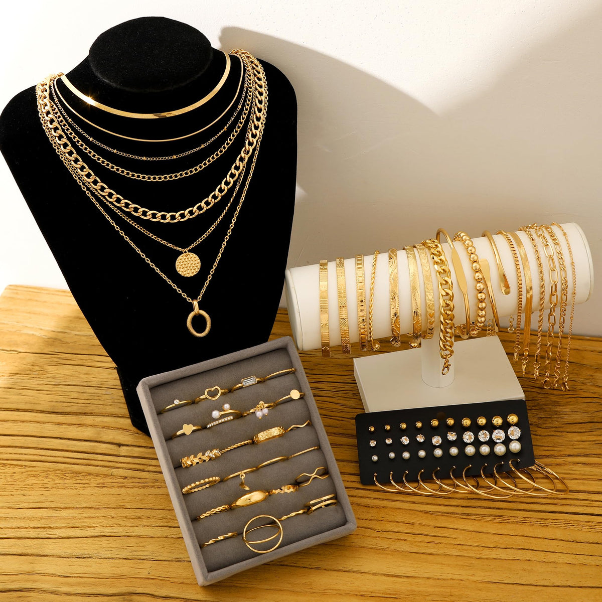 68-Piece Gold Jewelry Set for Women – Necklaces, Bracelets, Earrings & Rings