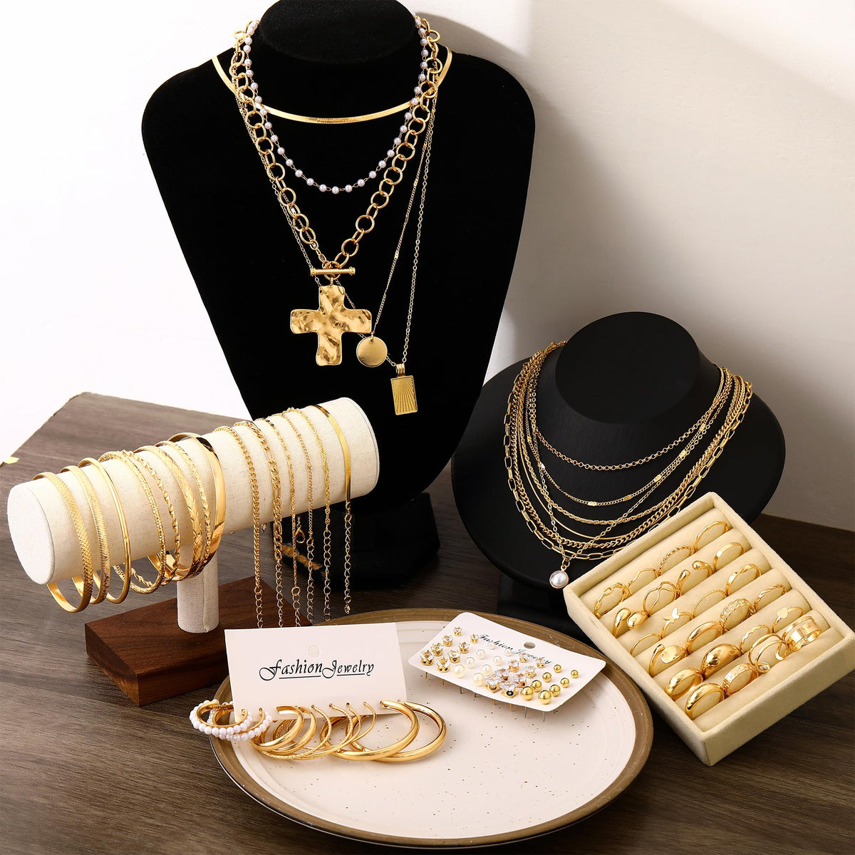 68-Piece Gold Jewelry Set for Women – Necklaces, Bracelets, Earrings & Rings