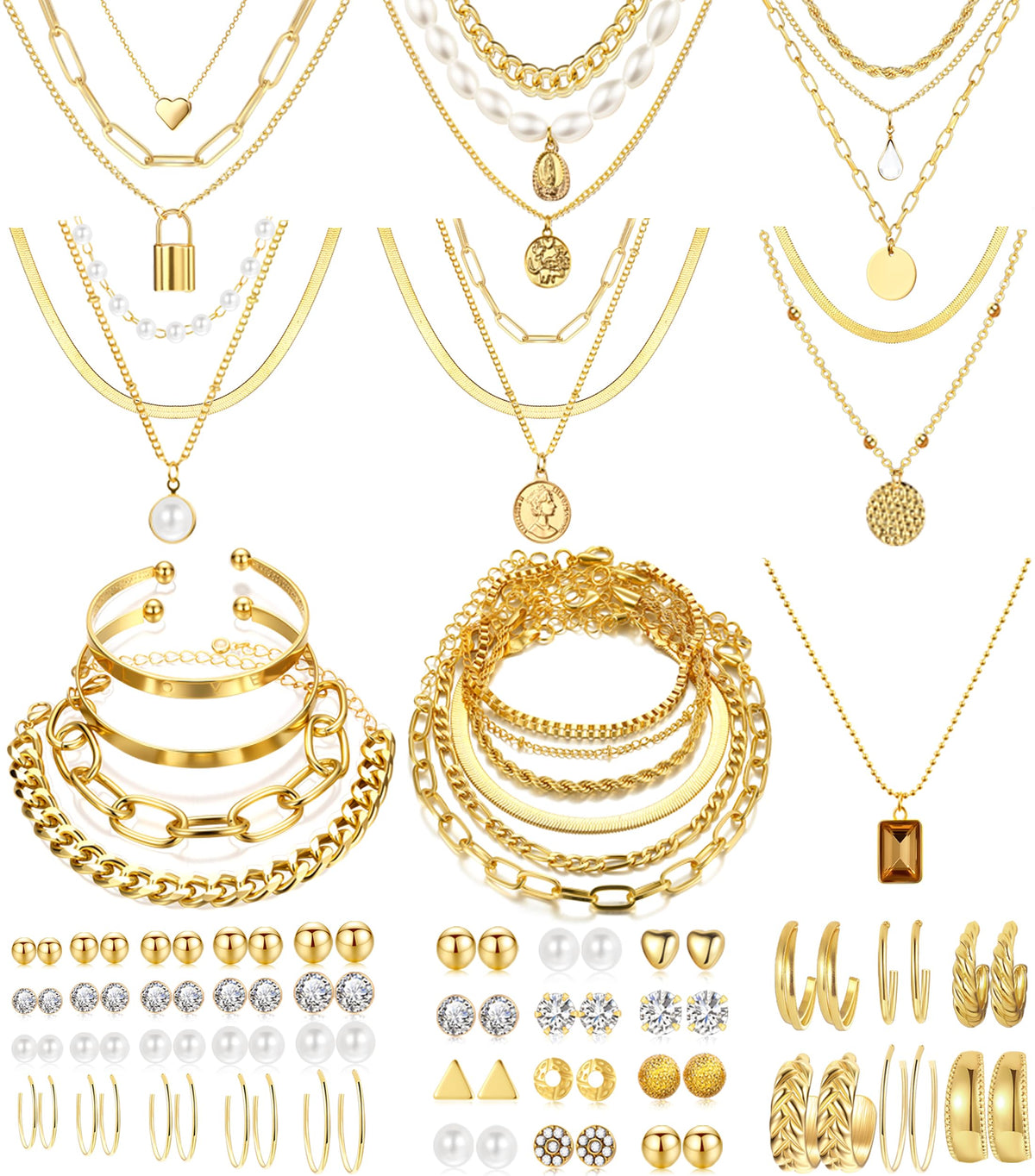Jewelry 68 Pcs Gold Jewelry Set for Women with 7 Necklace, 17 Bracelet, 5 Hoop Earrings, 15 Stud Earrings, 24 Knuckle Rings for Women Jewelry Set for Women Gift