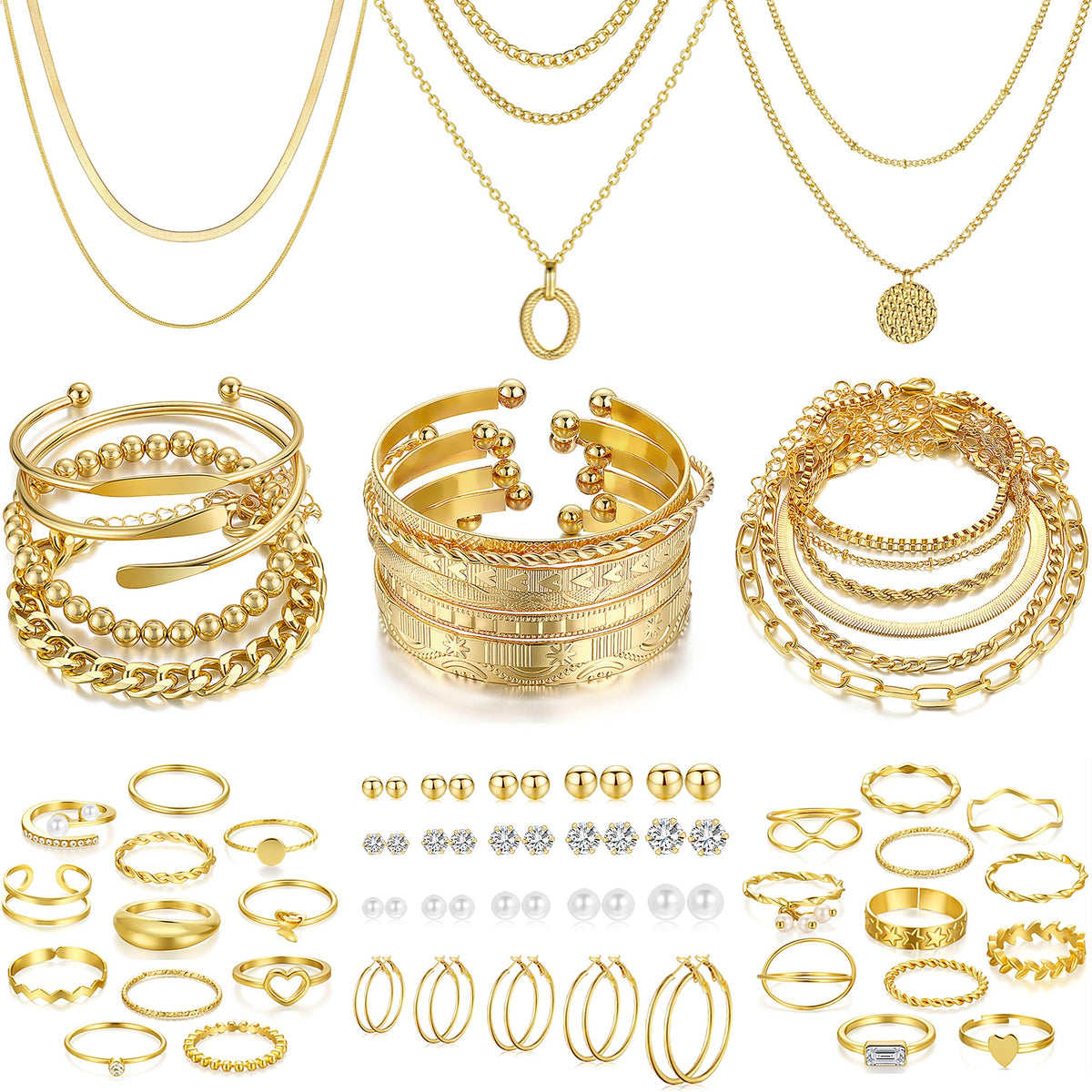 Jewelry 68 Pcs Gold Jewelry Set for Women with 7 Necklace, 17 Bracelet, 5 Hoop Earrings, 15 Stud Earrings, 24 Knuckle Rings for Women Jewelry Set for Women Gift