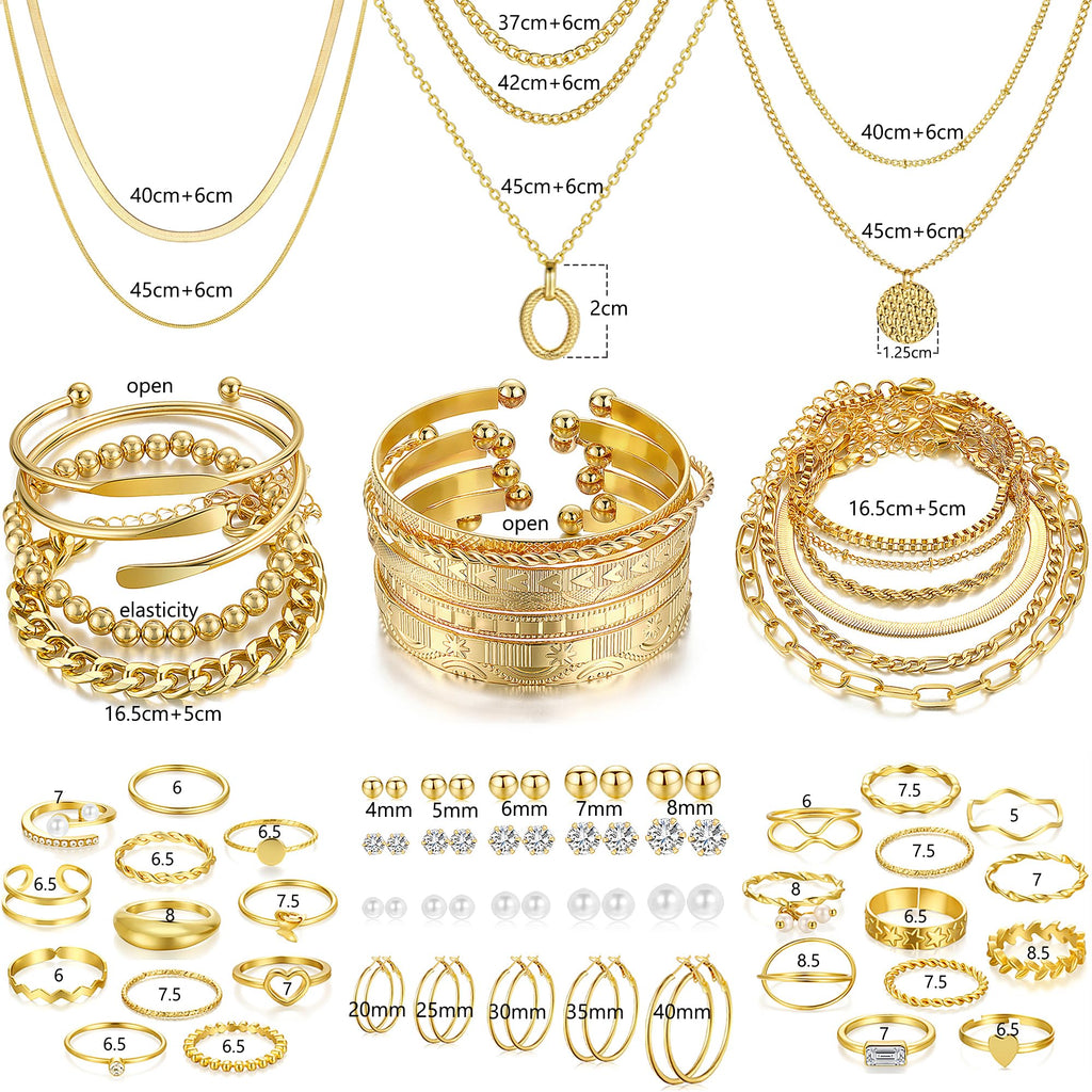 68-Piece Gold Jewelry Set for Women – Necklaces, Bracelets, Earrings & Rings