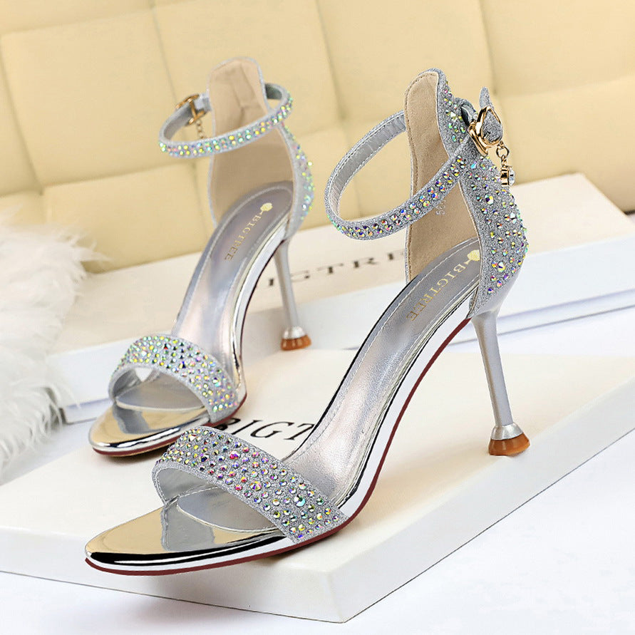 Women’s Rhinestone Stiletto Heels – Open Toe Strappy Party Sandals