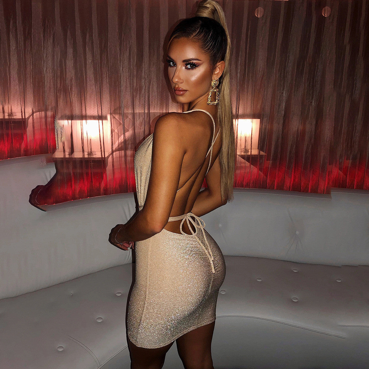 Elegant Allure Women’s Deep V-Neck Dress – Backless Lace-Up Bodycon Party Dress
