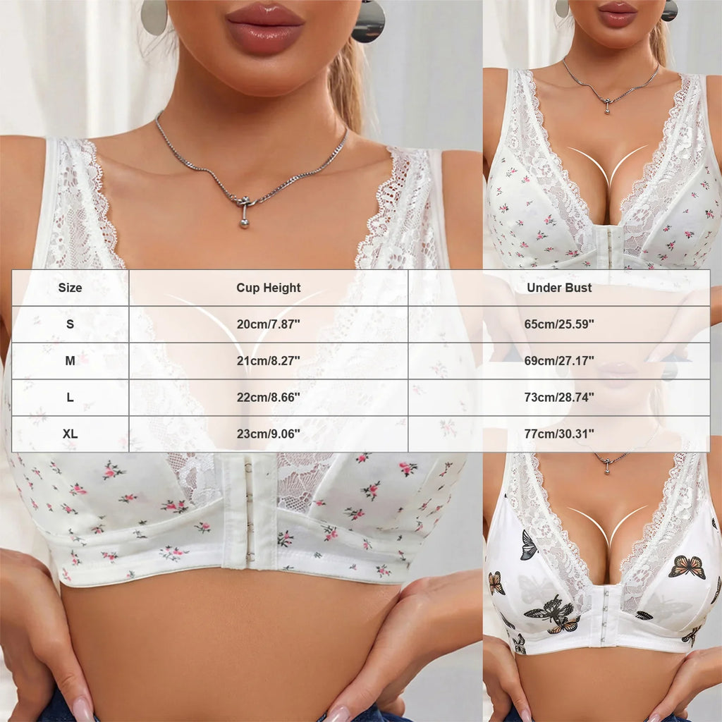Butterfly Lace Plus Size Bra – Front-Closure Wireless Padded Push-Up Bralette