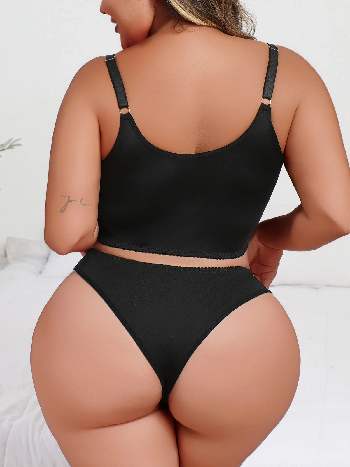 Plus Size Black & White Lace Lingerie Set – Push-Up Cami Bra & Matching Panty, 2-Piece Set
