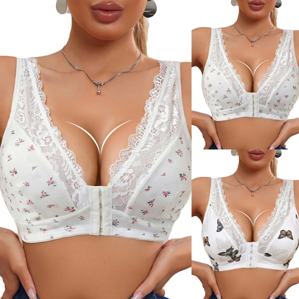 Butterfly Lace Plus Size Bra – Front-Closure Wireless Padded Push-Up Bralette