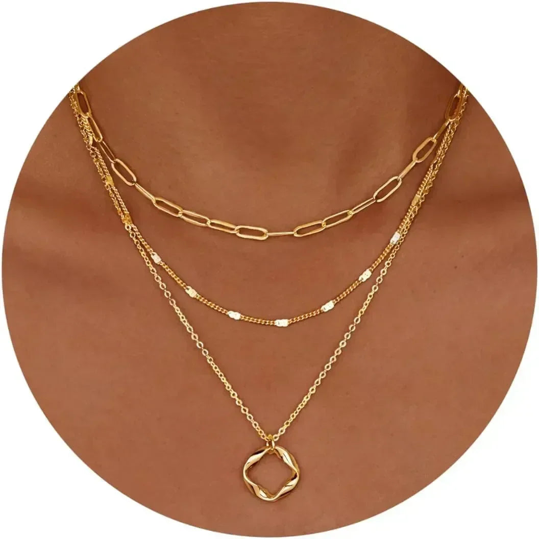 Golden Layers ✨ Women’s Layered Necklace Set – 14K Gold-Plated Paperclip Chain & Pendant