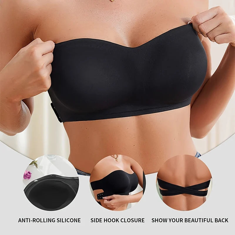 Invisible Beauty Women’s Strapless Push-Up Bra – Removable Pads, Seamless & Anti-Slip