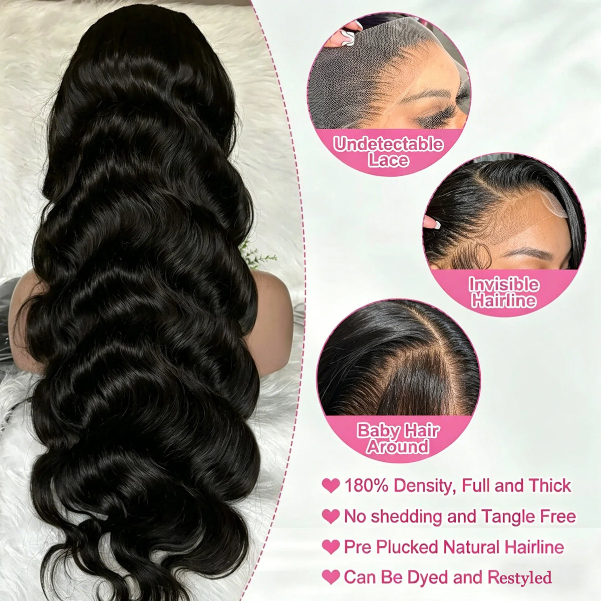 Brazilian Body Wave Human Hair Wig – HD Lace, 180%–200% Density, 16–40 Inch