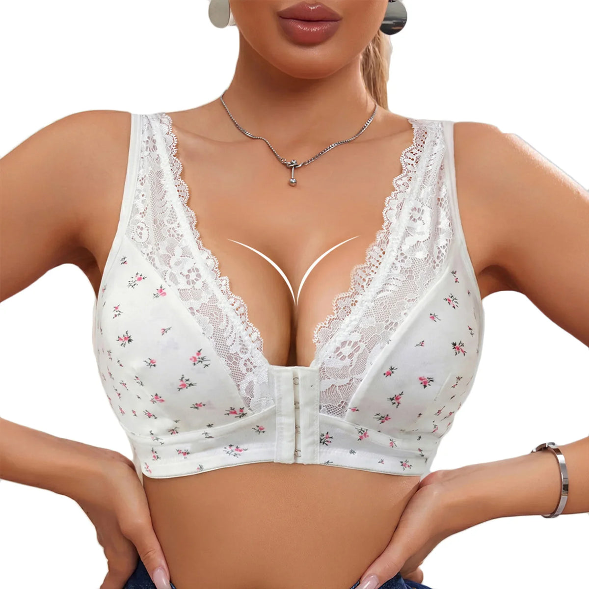 Butterfly Lace Plus Size Bra – Front-Closure Wireless Padded Push-Up Bralette