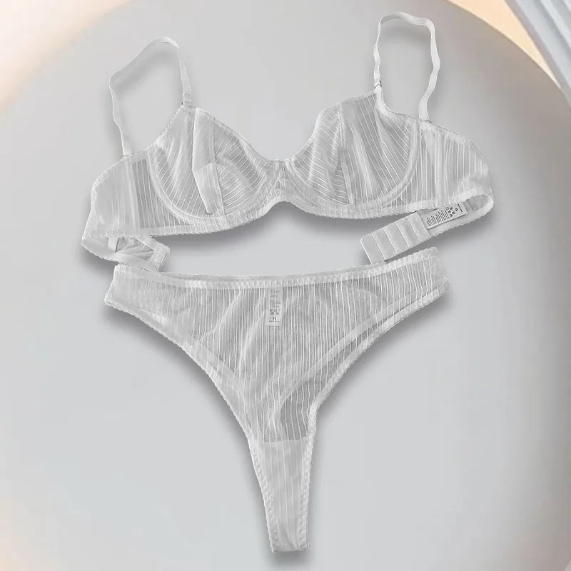 Women’s Sheer Mesh Lingerie Set – Lace Deep V-Neck Bra & Matching Panty, 2-Piece Set