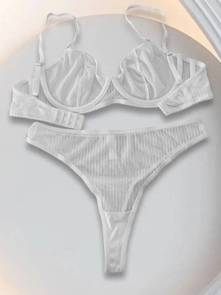 Women’s Sheer Mesh Lingerie Set – Lace Deep V-Neck Bra & Matching Panty, 2-Piece Set