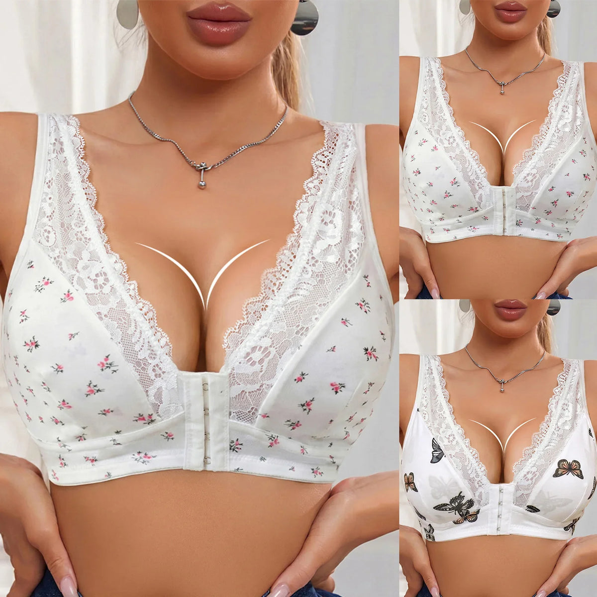 Butterfly Lace Plus Size Bra – Front-Closure Wireless Padded Push-Up Bralette