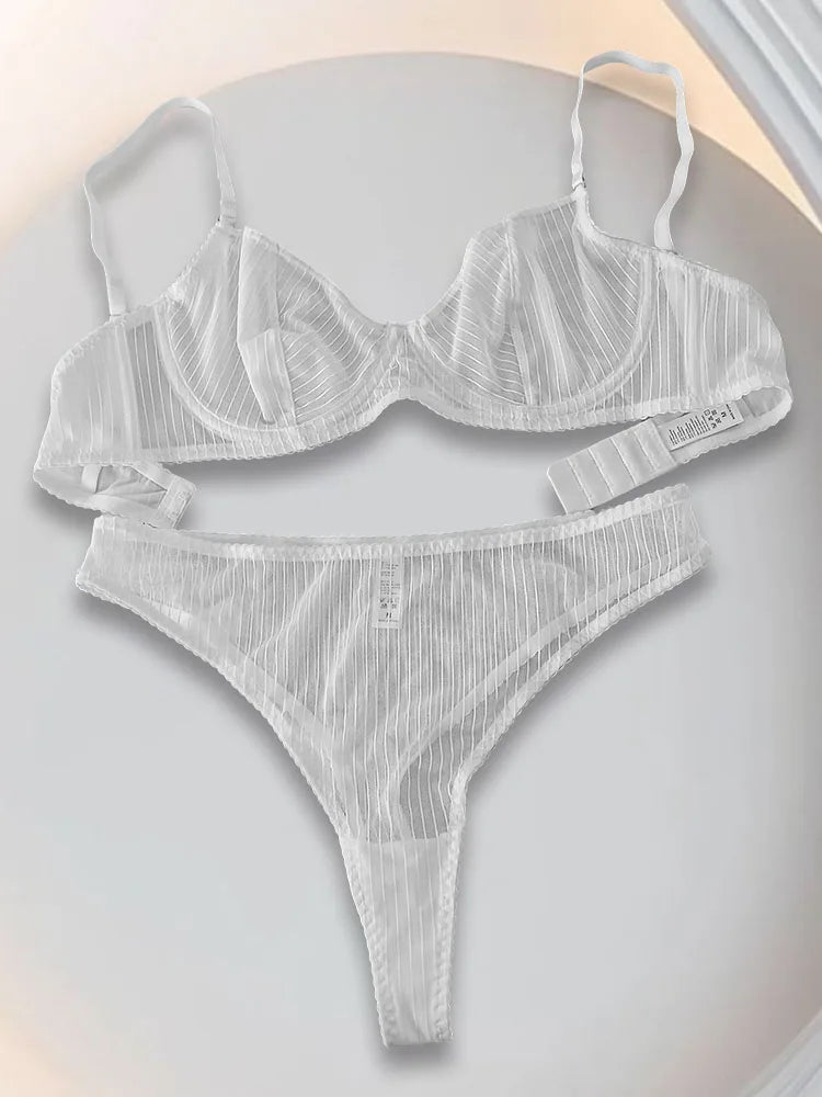Women’s Sheer Mesh Lingerie Set – Lace Deep V-Neck Bra & Matching Panty, 2-Piece Set