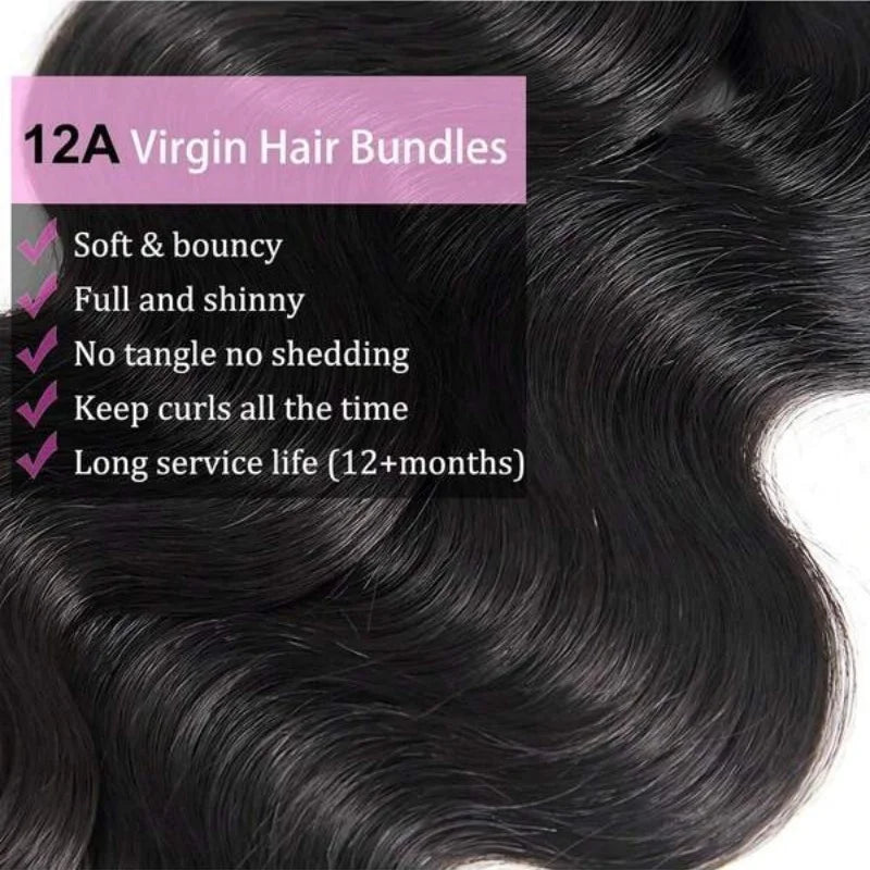 42 Inch Body Wave Brazilian Virgin Human Hair Bundles – Natural Black, Unprocessed 12A Hair Extensions