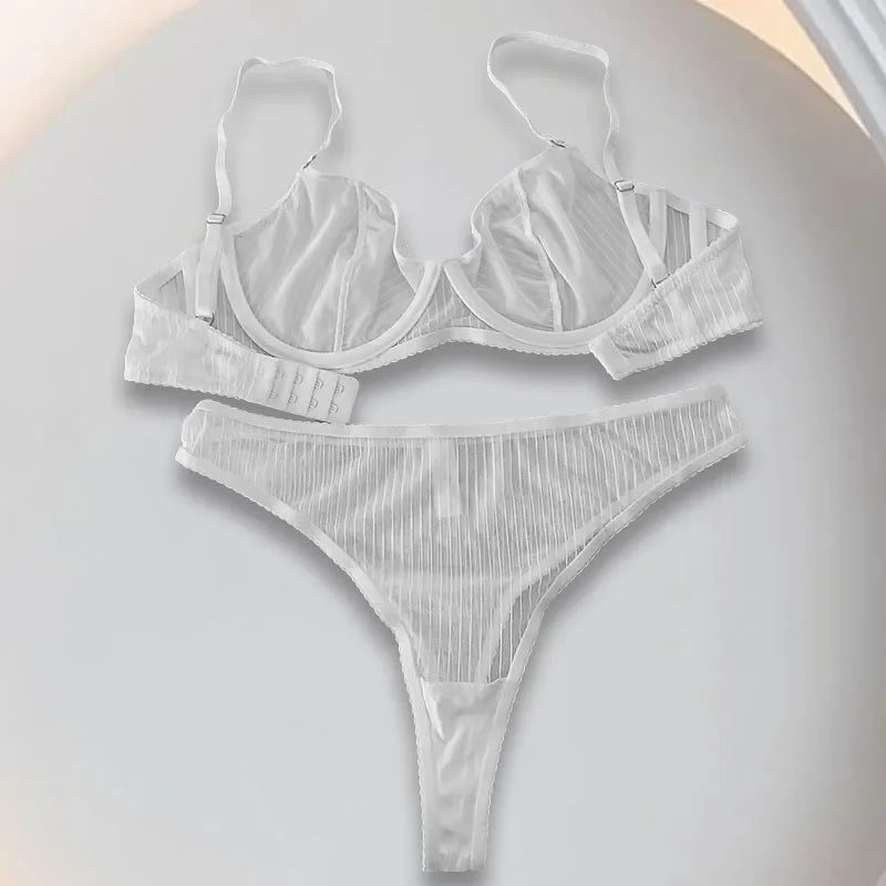 Women’s Sheer Mesh Lingerie Set – Lace Deep V-Neck Bra & Matching Panty, 2-Piece Set