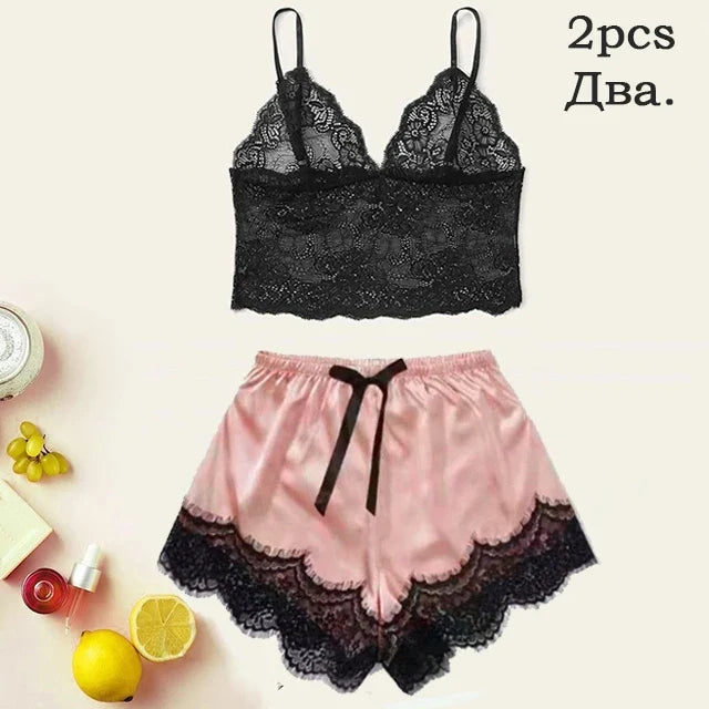 Pink Satin Dreams Women’s Pajama Set – Lace Trim Cami, Robe & Trousers Sleepwear