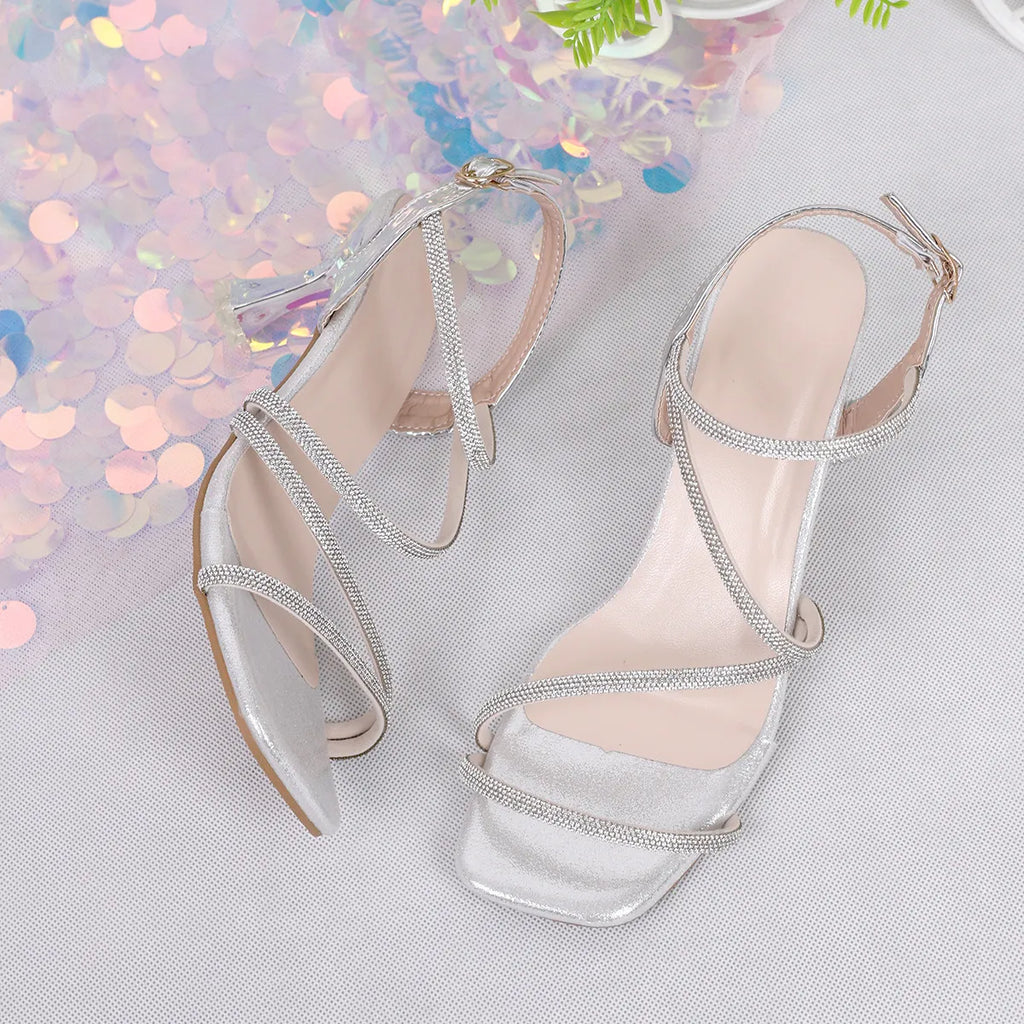 Women’s Rhinestone Strappy High Heel Sandals – Glamorous Chain Ankle Strap Heels
